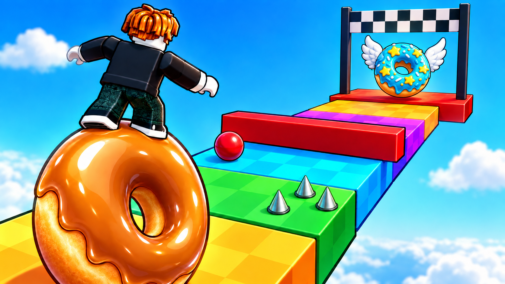 A donut wheel racing through a colorful obstacle course